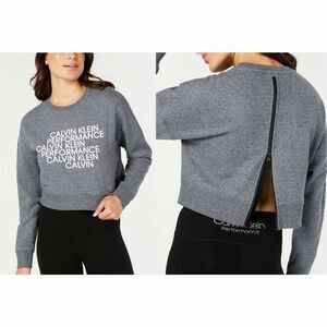 New! CALVIN KLEIN Logo Zip-Back Cropped Sweatshirt Active Sweater Gray